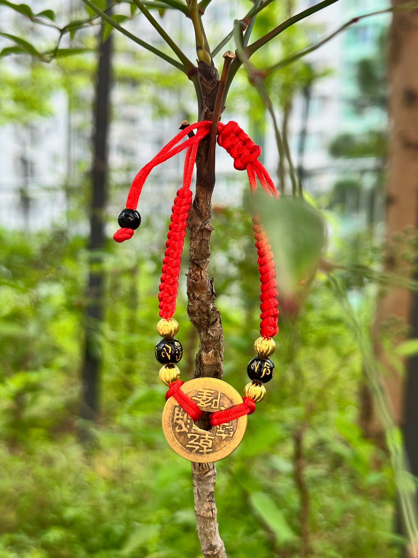 Feng Shui Protection Bracelet:Hand Braided Red Cord with Wu Di Qian Imperial Coins