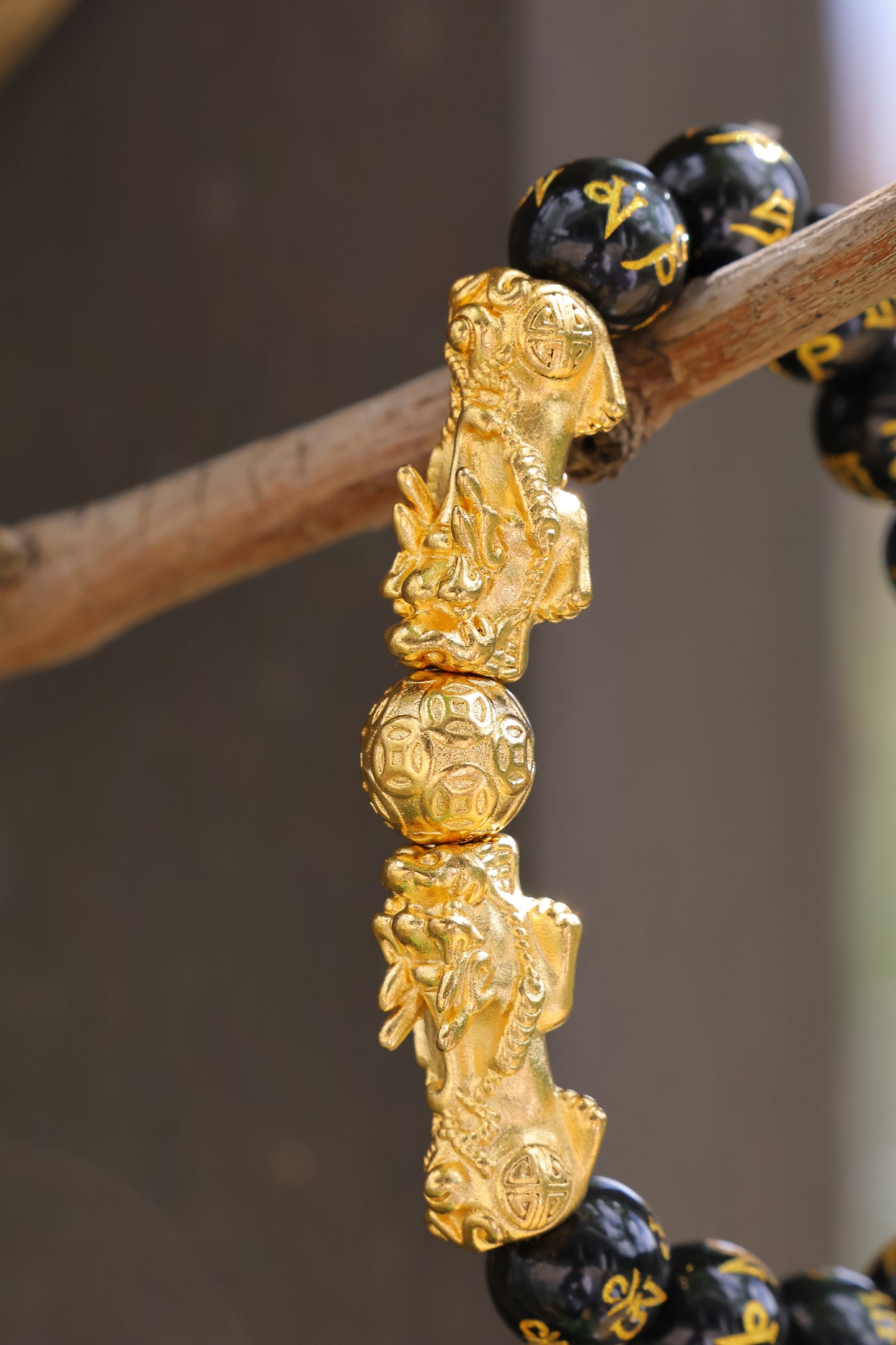Natural Black Obsidian Twin Golden Pi Yao Bracelet