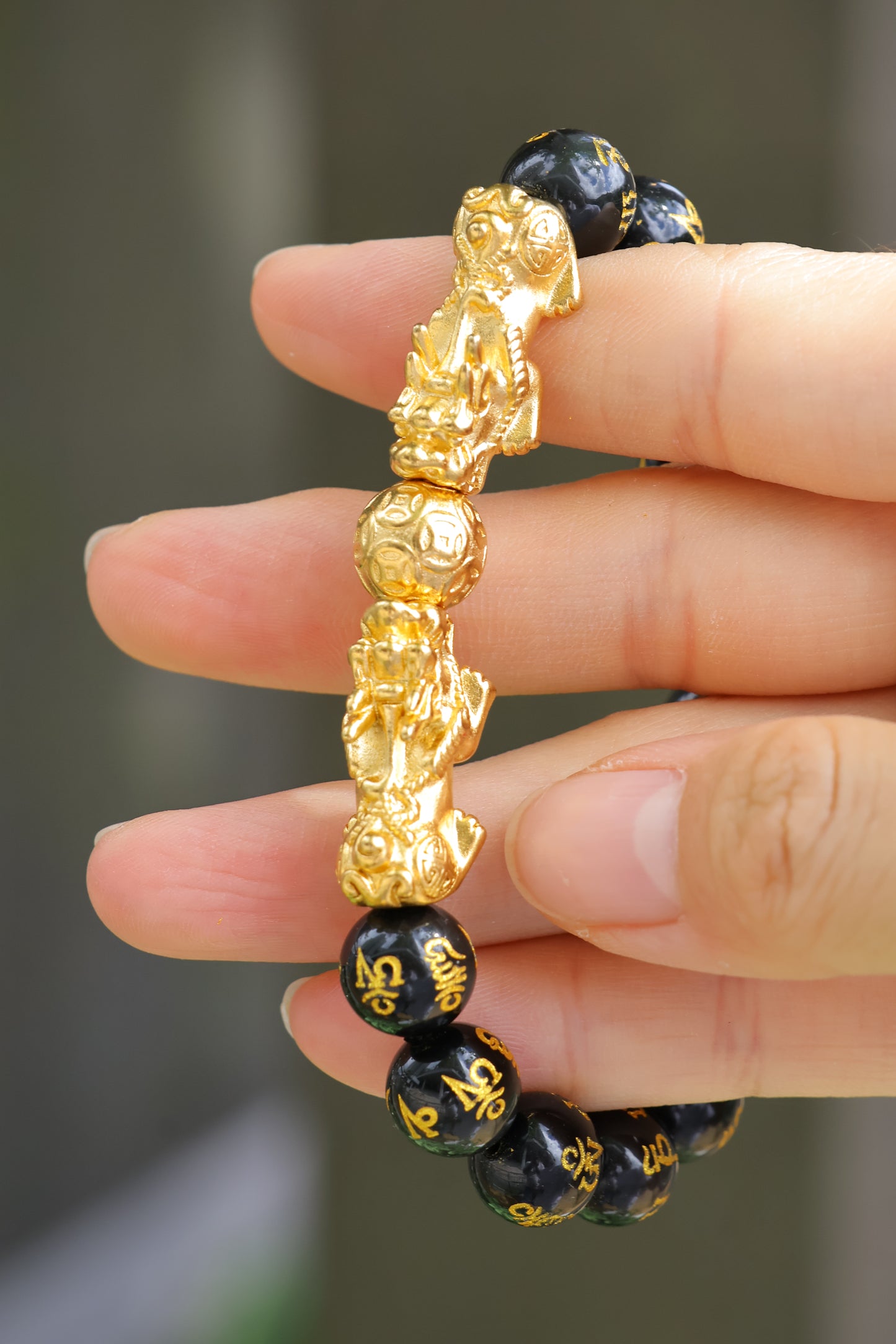 Natural Black Obsidian Twin Golden Pi Yao Bracelet