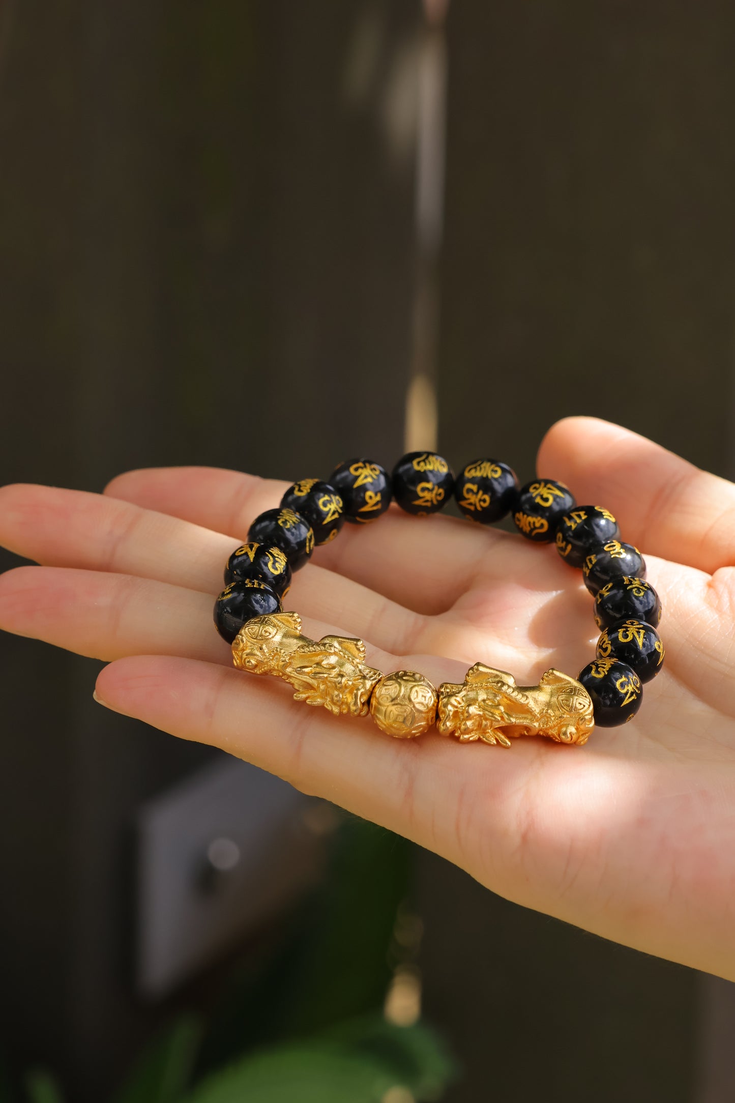 Natural Black Obsidian Twin Golden Pi Yao Bracelet