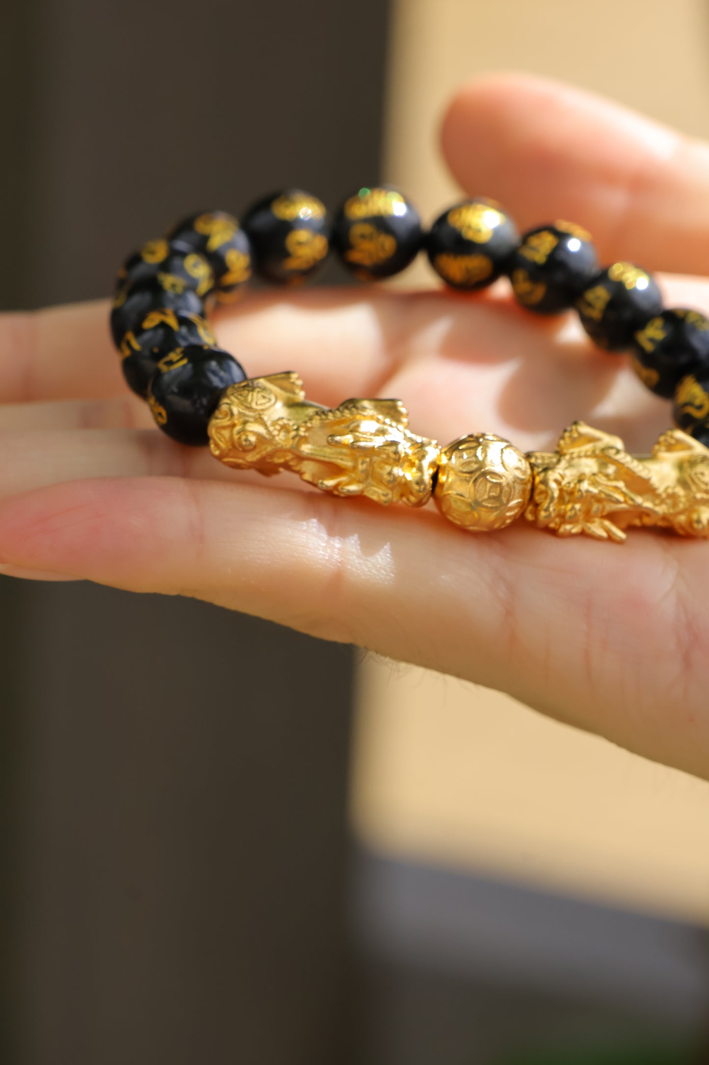 Natural Black Obsidian Twin Golden Pi Yao Bracelet